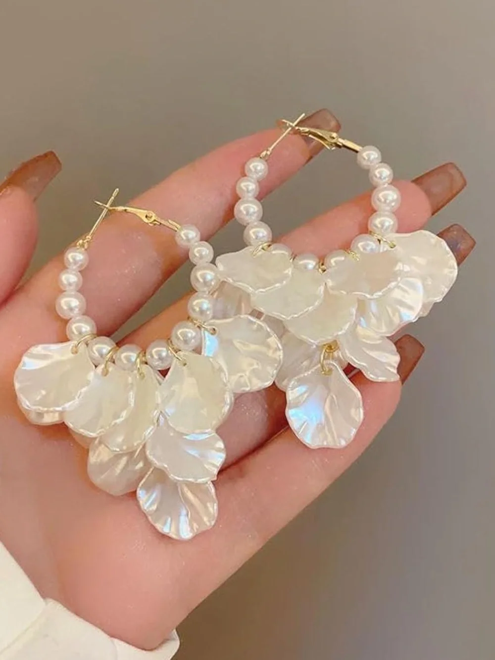 Anthropologie Pearl Hoop Earrings with Ivory Petal Charms